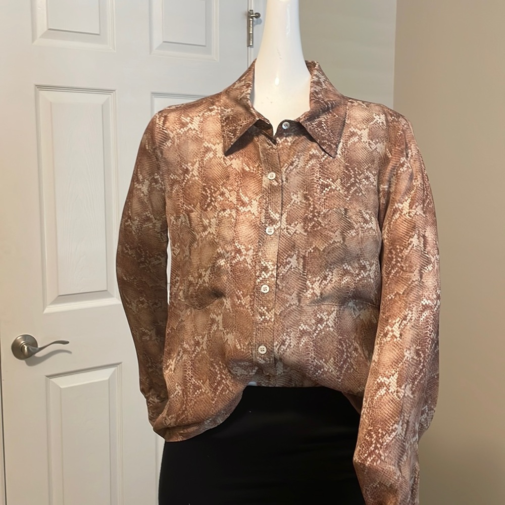 Haute Hippie Nude Tan Snake Skin Print Silk Button Down L/S Shirt Top Blouse S